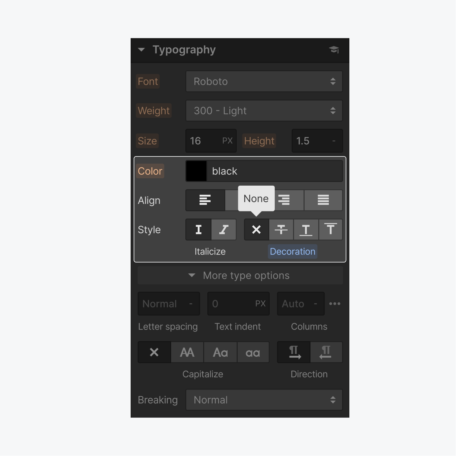 The typography section of the style panel displays a highlighted area displaying black text and the none style selected in the decoration..