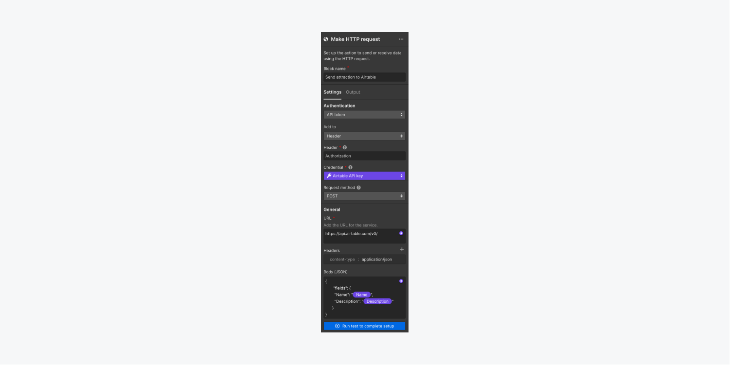 The Make HTTP request block settings include authentication, request methods, URL, request headers, and request body. 