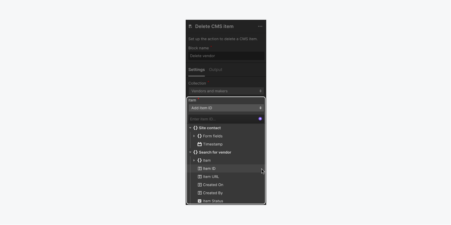 The Item ID input in the Delete CMS item block expands a dropdown where you can select the item ID from the flow data.