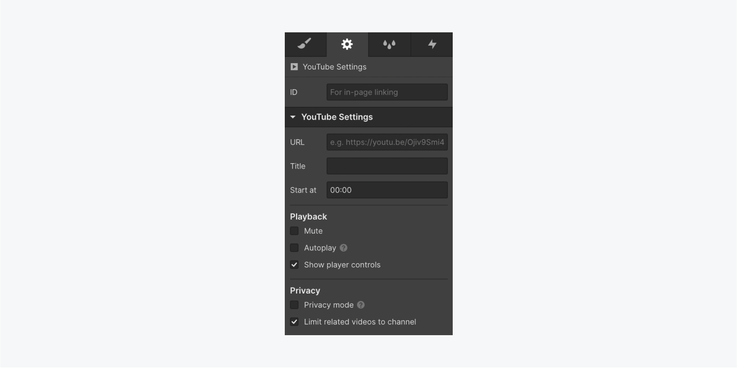 The YouTube settings section in the Element settings panel.