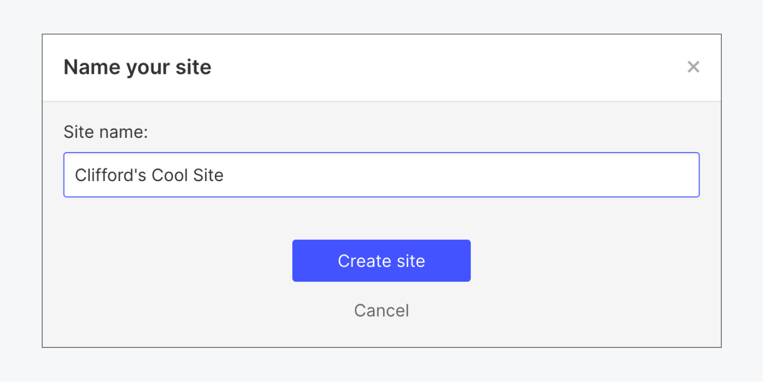 The Name your site modal window.