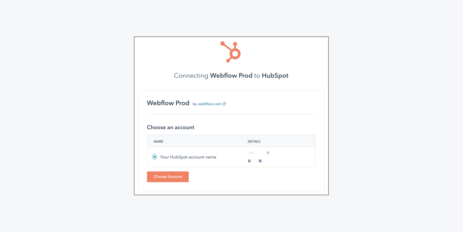 HubSpot’s interface to connect Webflow to a HubSpot account is shown. 