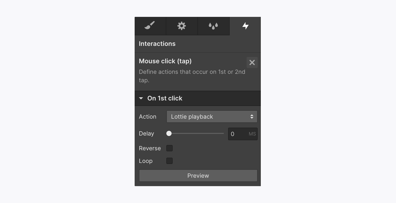 The “Mouse click (tap)” trigger and “On 1st click” section are displayed in the Interactions panel.