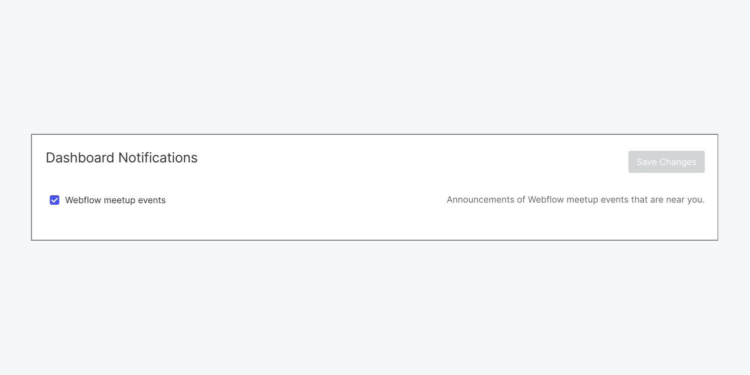 The Dashboard notifications section shows the “Webflow meetup events” notification checkbox checked.