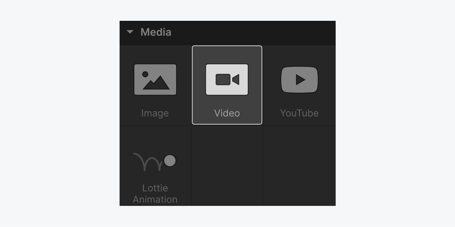 The four elements that are included in the Media section of the add panel are Image, Video (highlighted), youtube and lottie animation.