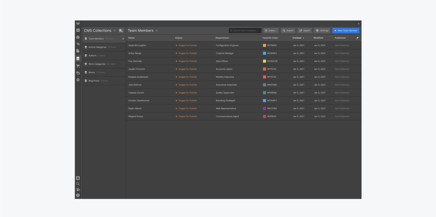 The CMS collection settings panel displays six collections. The team members collection is selected which displays ten team members with their status, department, favorite color, created, modified and published columns. The select, export, import, settings and new team member buttons are displayed n the top right corner.