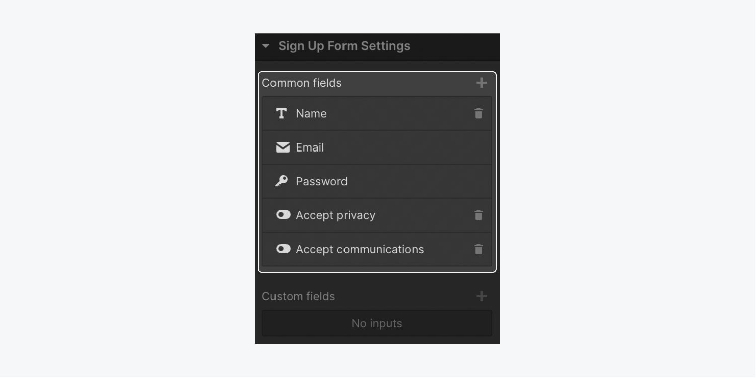 The Sign up form common fields (name, email, password, accept privacy, accept communications) in the Settings panel.