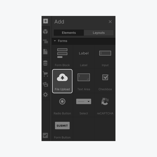 File upload element highlighted in the Forms section of the Add panel.