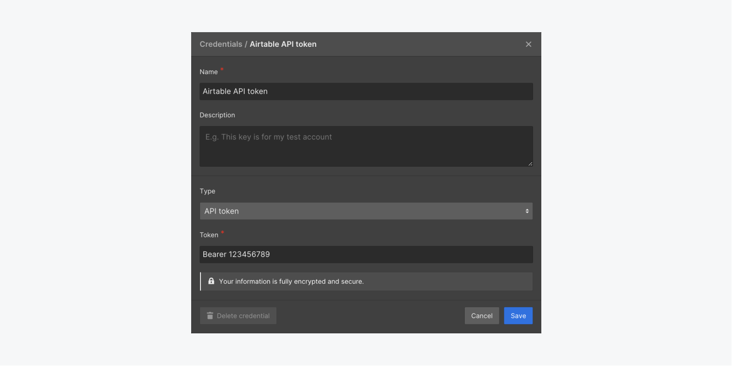 The “New credential” modal window displays fields for the name, description, type, and value of an API credential.