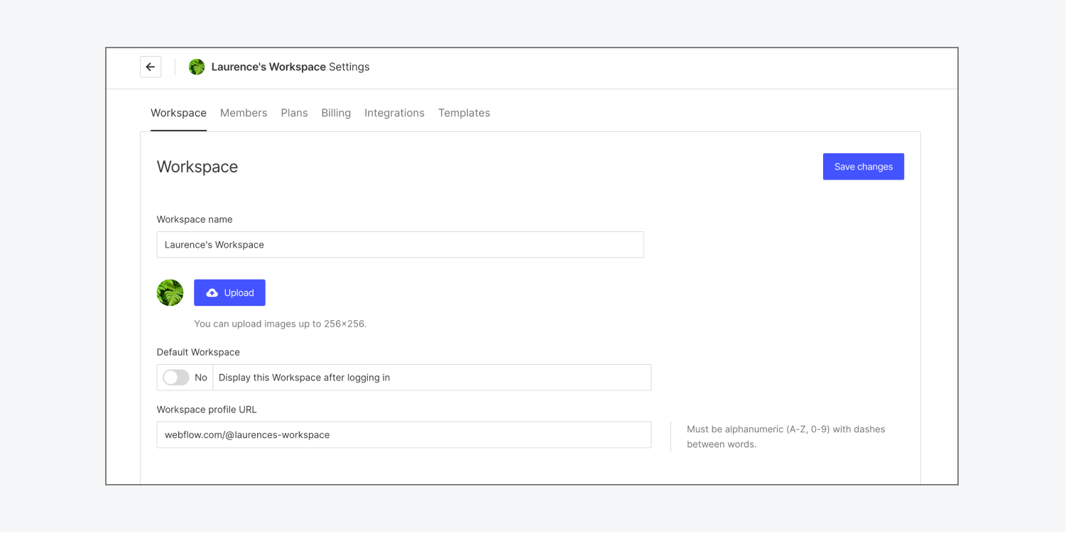 An example name, avatar, and Workspace profile URL are set in the Workspace tab of Workspace settings.