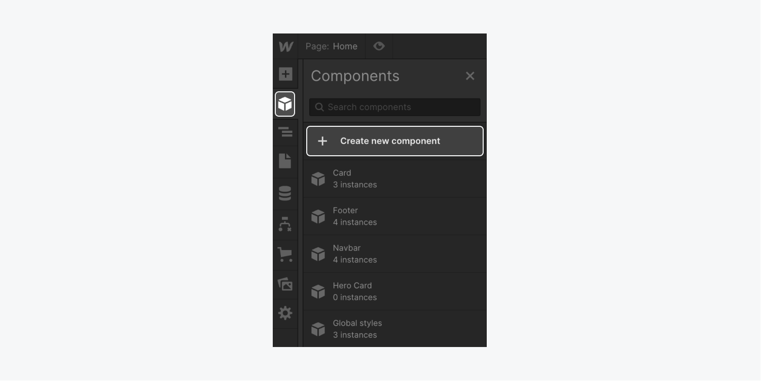 The create new component button is highlighted in the Components panel.