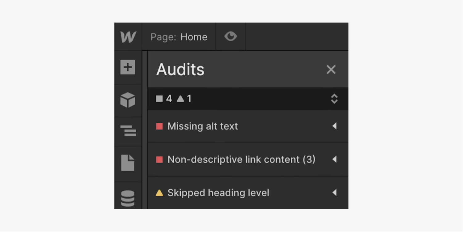 A close up of the Audit panel and some of its flagged issues, including missing alt text, non-descriptive link content, and skipped heading levels.