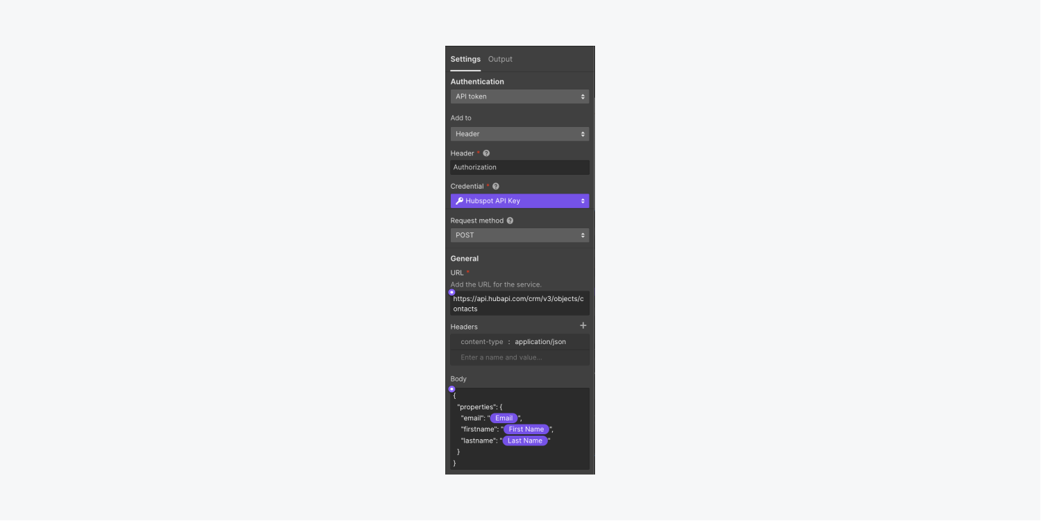 The complete HTTP request block settings for sending data to Hubspot include authentication, request method, URL, headers, and request body with variables to capture data from the Webflow form. 