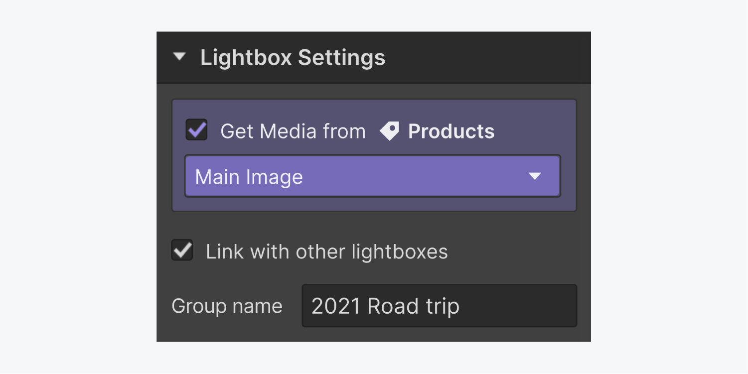 The lightbox settings section includes a checked box for "get media from products" getting the main image, a checked box for link with other lightboxes and a group name titled 2021 Road trip.