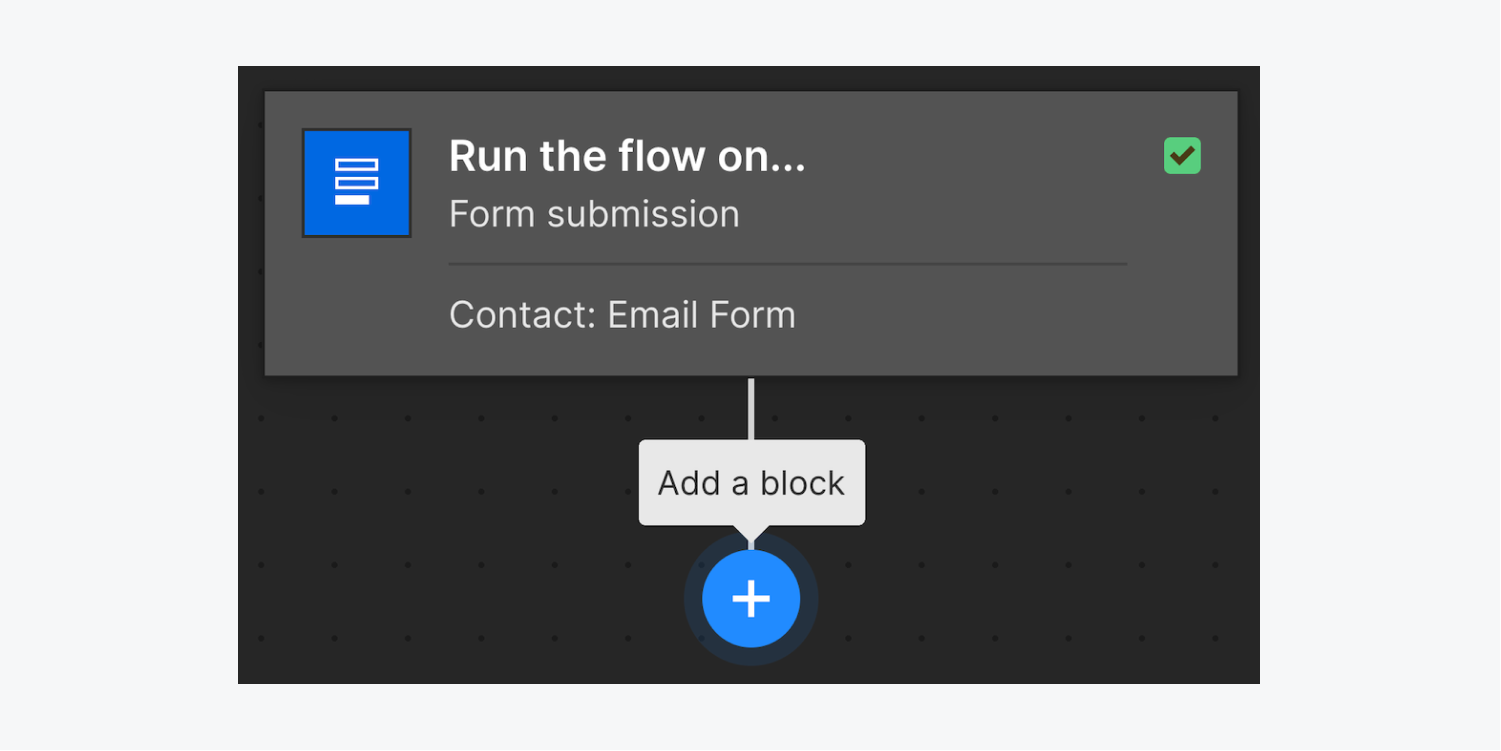 A plus sign on the Flow editor canvas indicates a connection point where new blocks can be connected to the flow by dragging and dropping the blocks. 