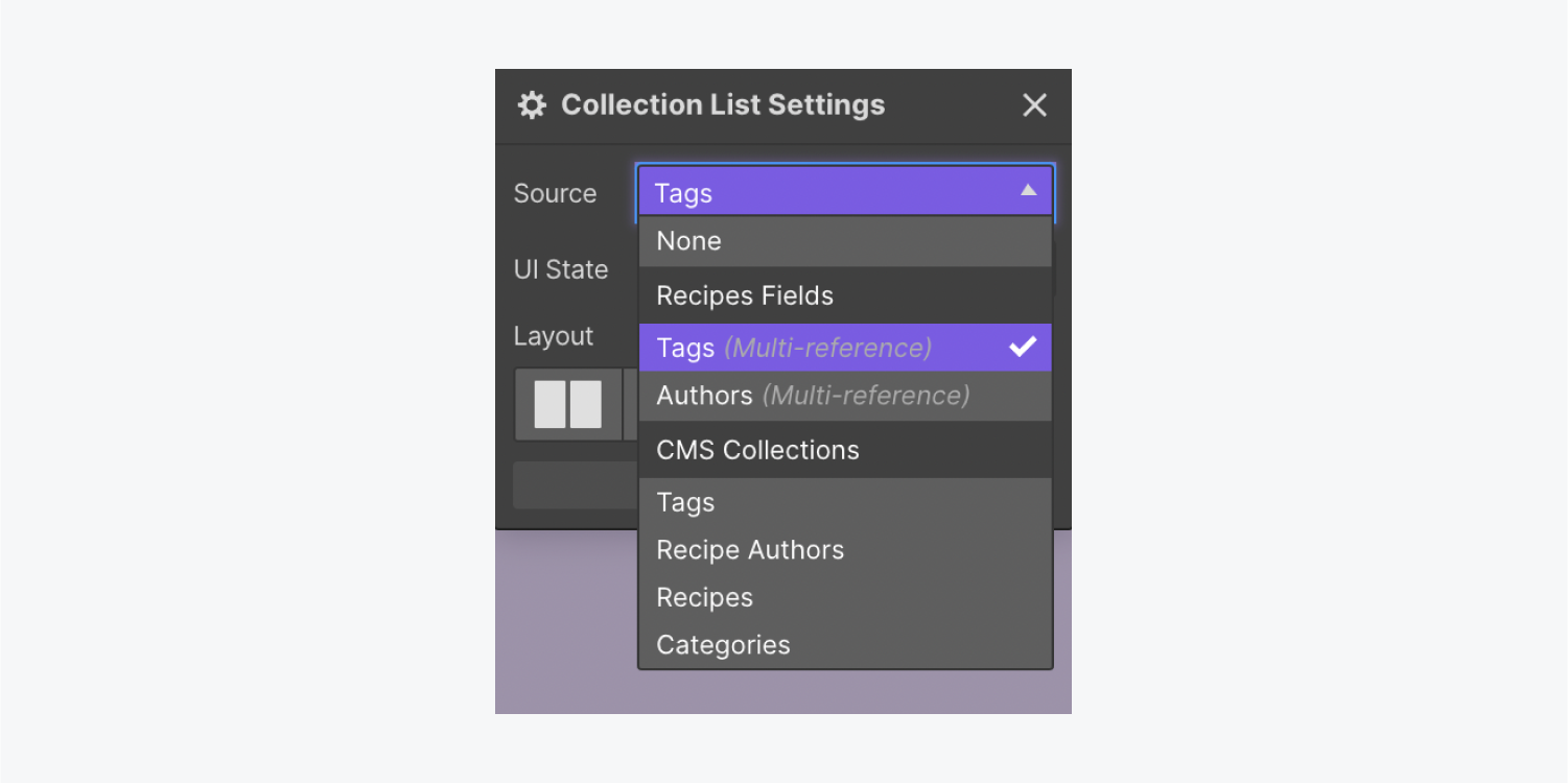 The “Tags” multi-reference field is highlighted as the Source in the Collection list settings.