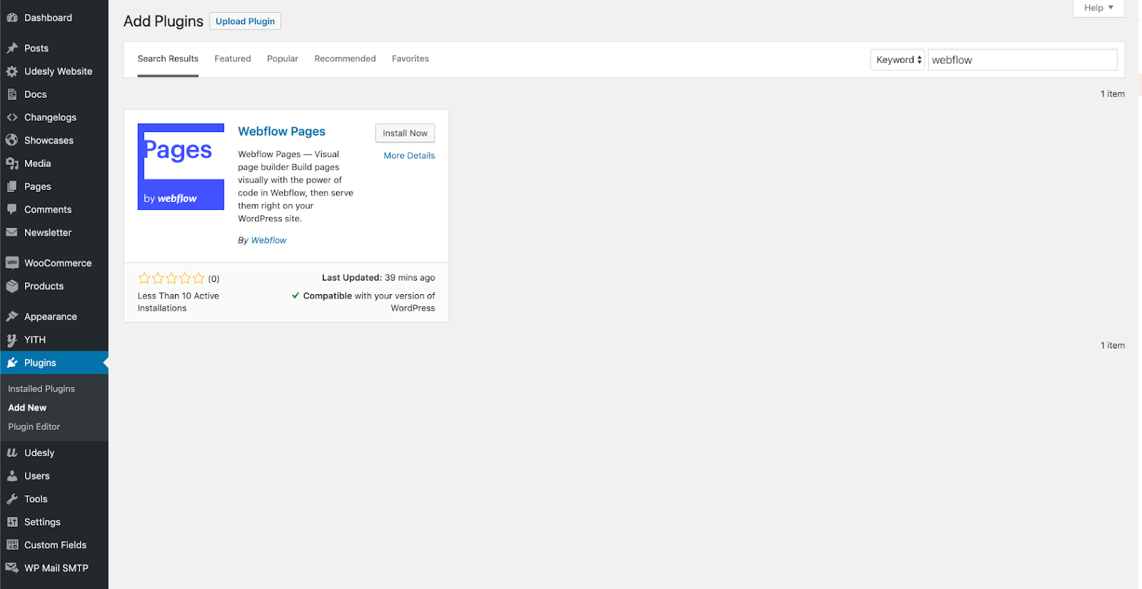 The Webflow Pages plugin appears in the WordPress plugin menu when “webflow” is entered in the search bar.