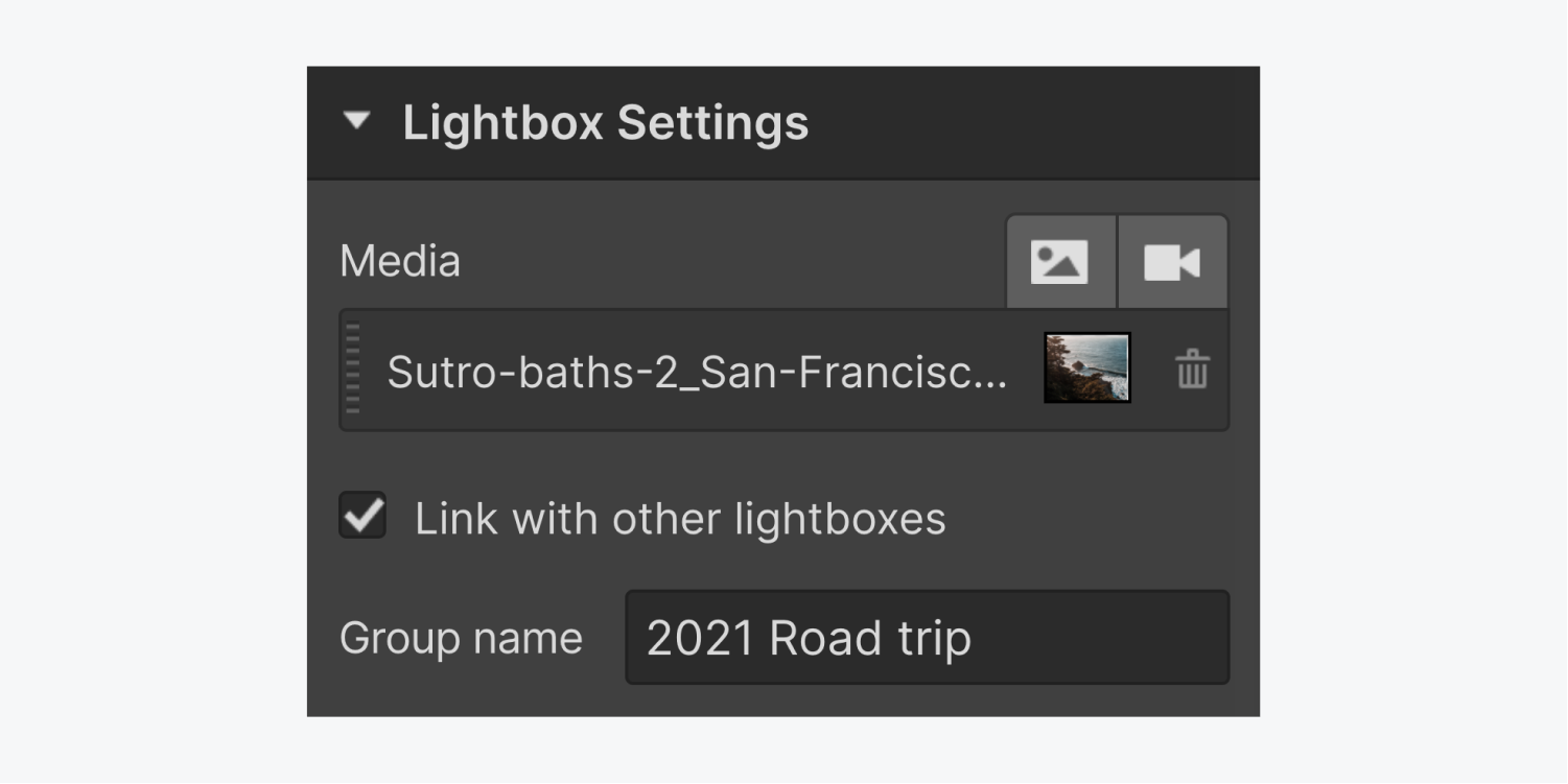 The lightbox settings panel includes a add image icon, add video icon, file name and thumbnail with a delete icon, a checked box for "link with other lightboxes" and a group name titled "2021 Road trip."