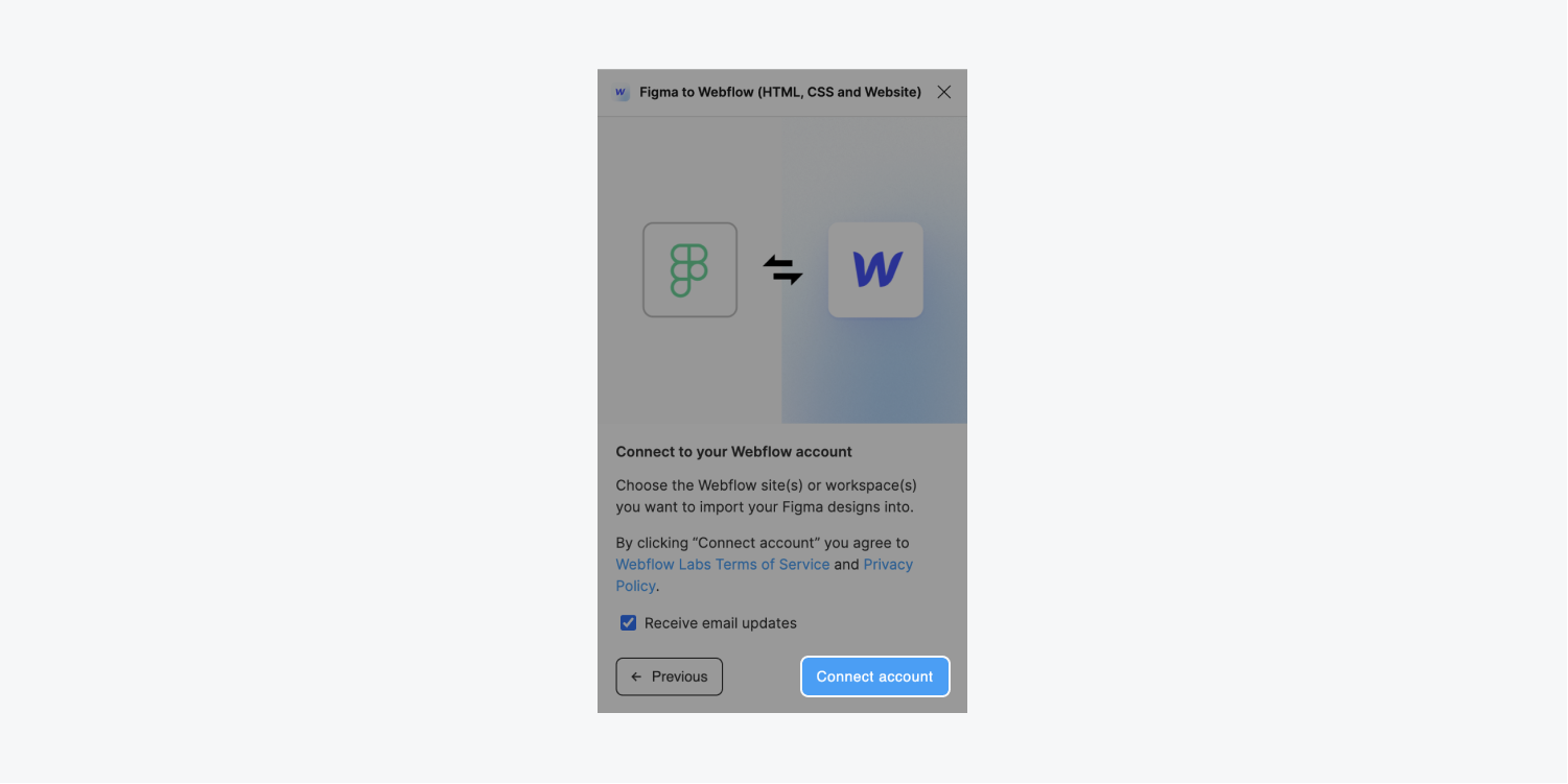 The “Connect account” button is highlighted in the Figma to Webflow modal window.