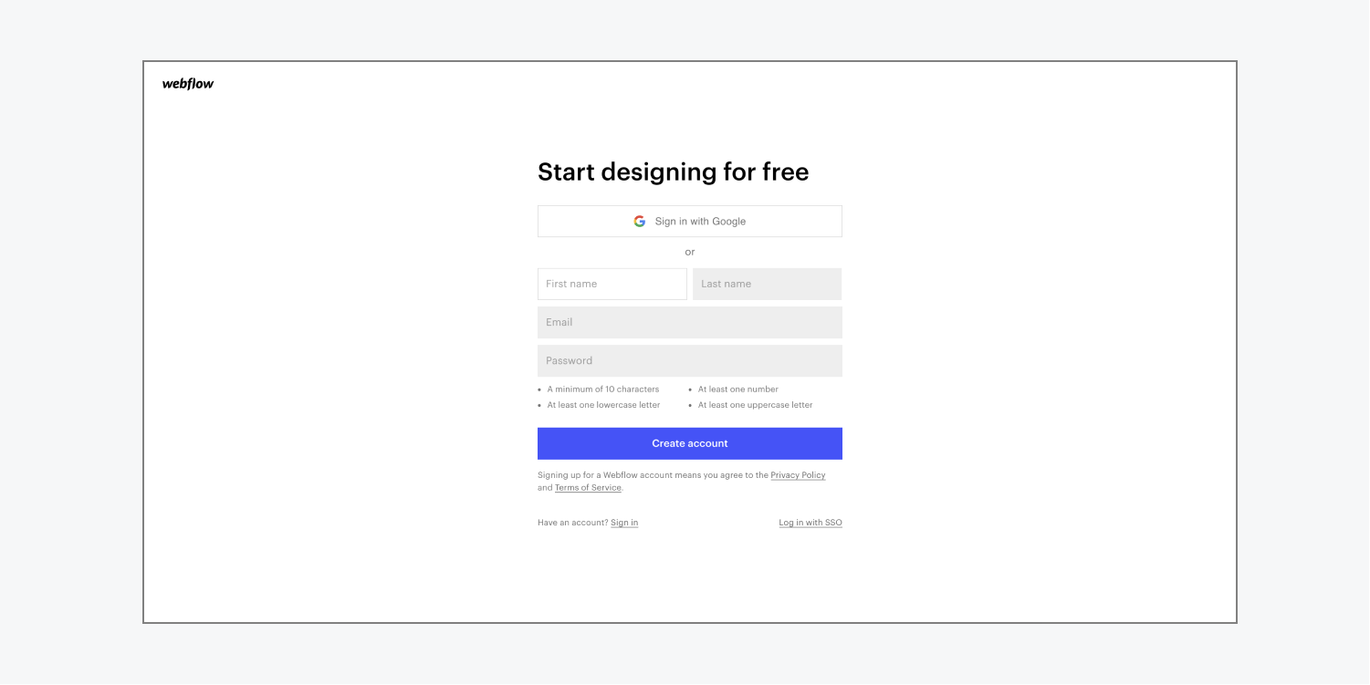 The Webflow Sign up page.