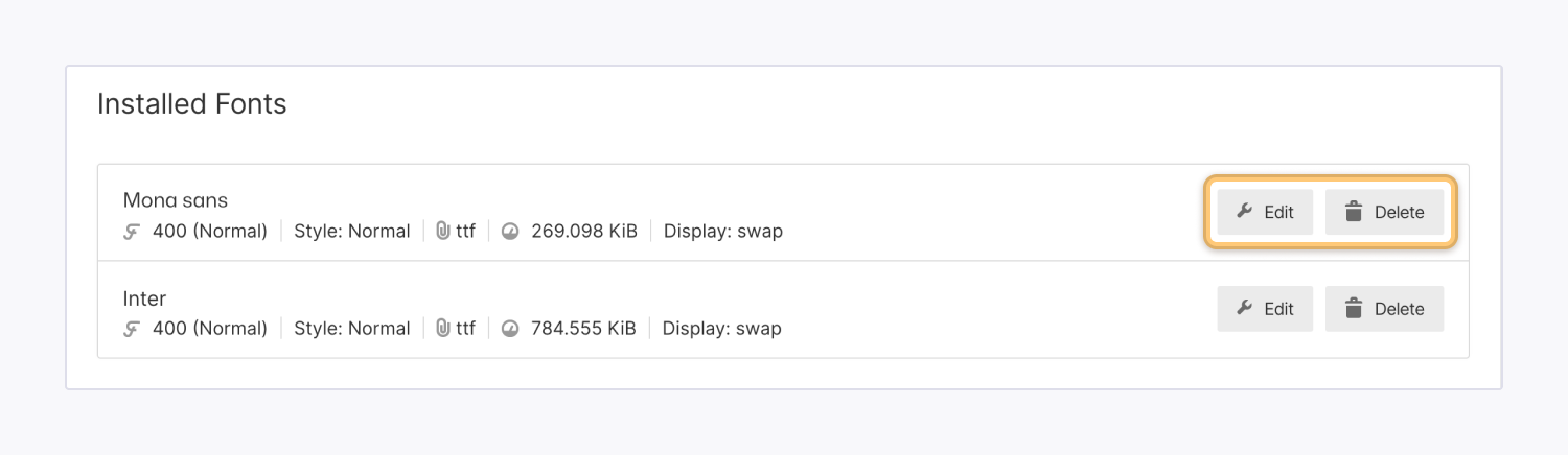 The “Edit” and “Delete” buttons are highlighted next to installed custom fonts.