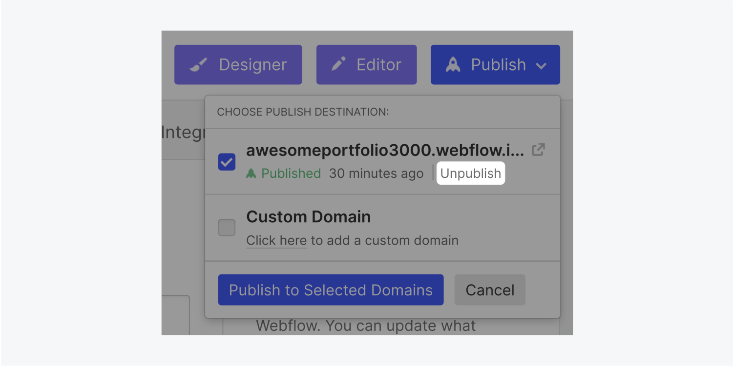 The Publish modal window includes a Unpublish button (highlighted) under the domain address and next to the time stamp of when it was published.