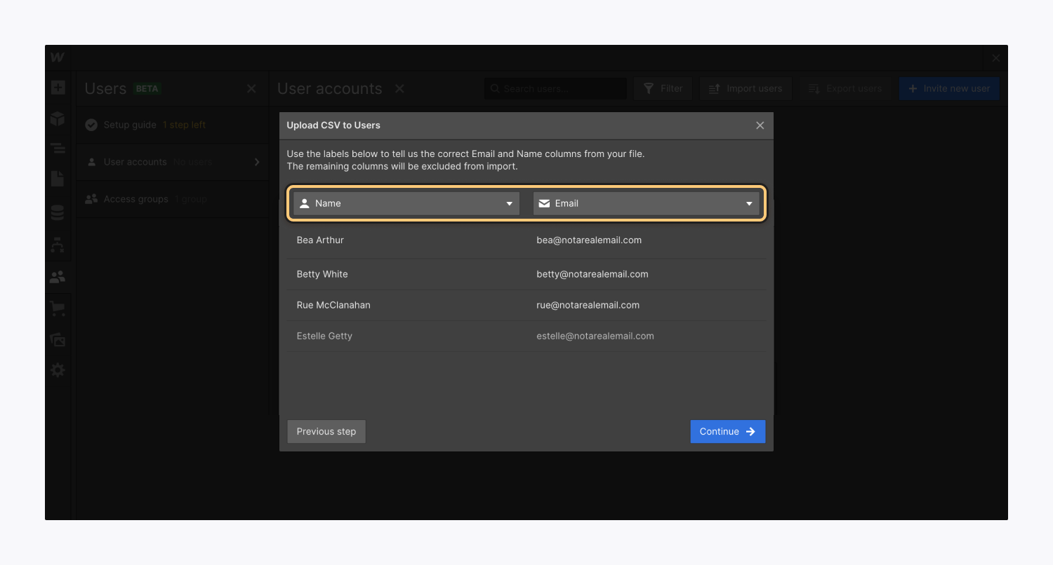 The CSV import modal window includes “Name” and “Email” dropdowns to identify which columns of the spreadsheet contain users’ names and email addresses.