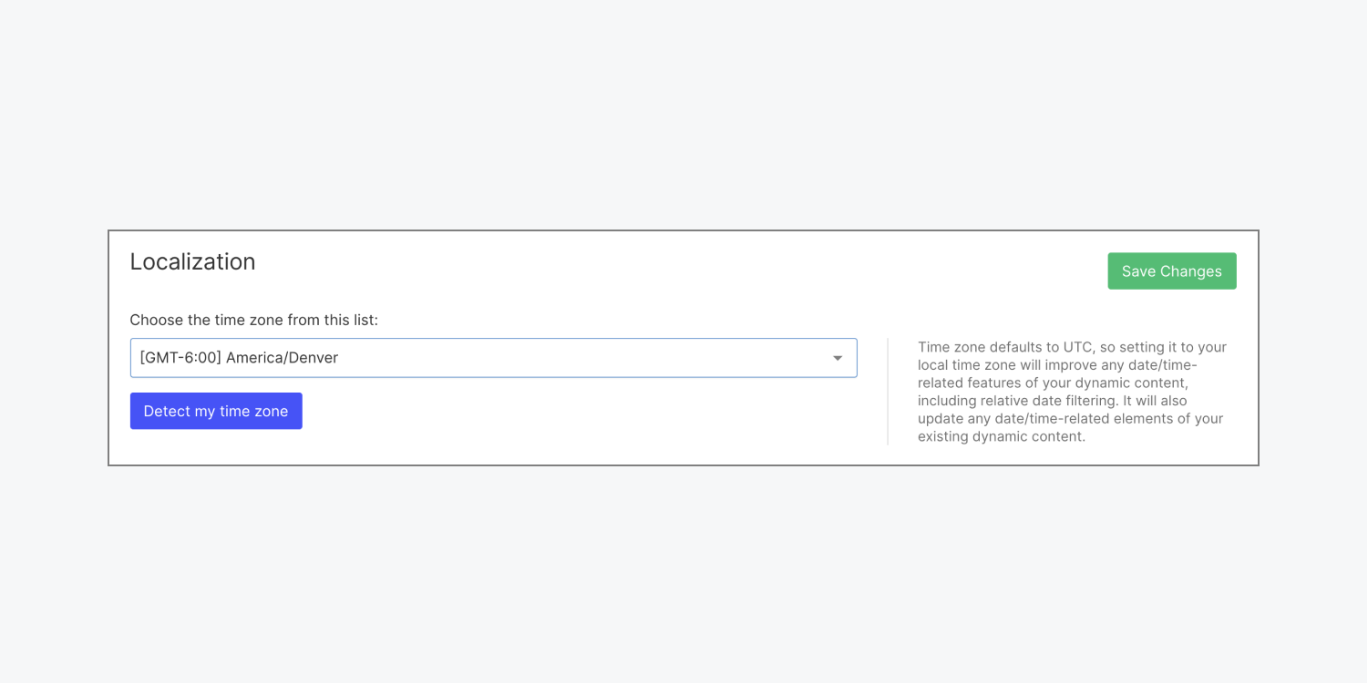 The time zone selection in the Localization section of a Webflow project's General settings tab is pictured.