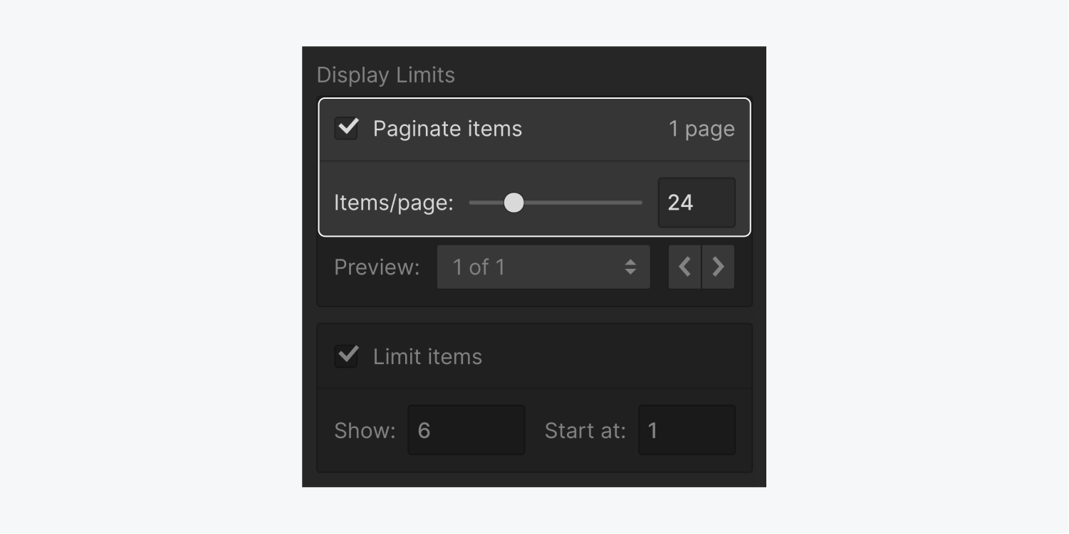 The check box for paginate items is checked for 1 page with 24 items per page. These settings are highlighted on the Collection list settings panel.