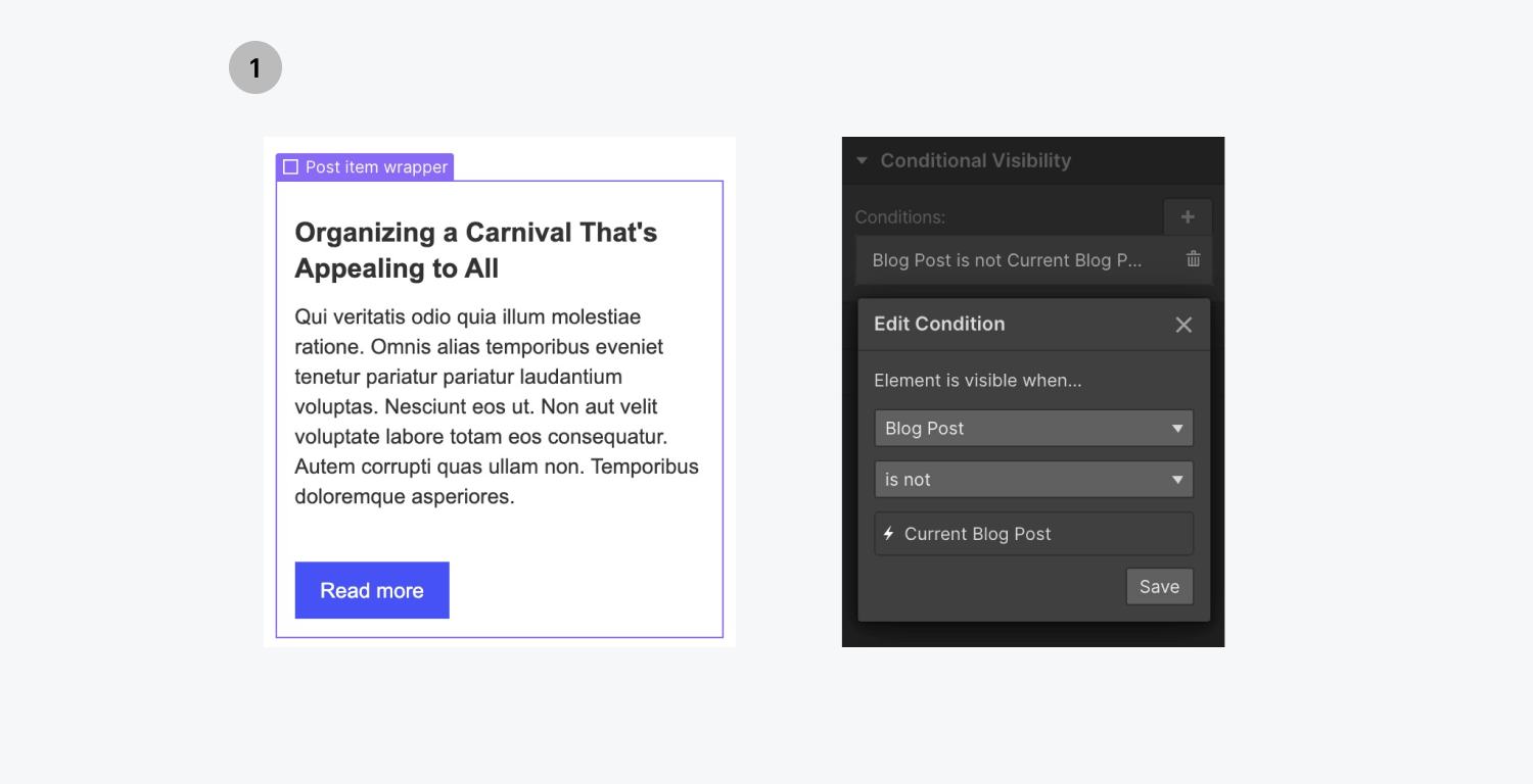 On the left, a post item wrapper is selected. On the right, the edit condition panel includes the settings Blog Post is not for "Element is visible when".