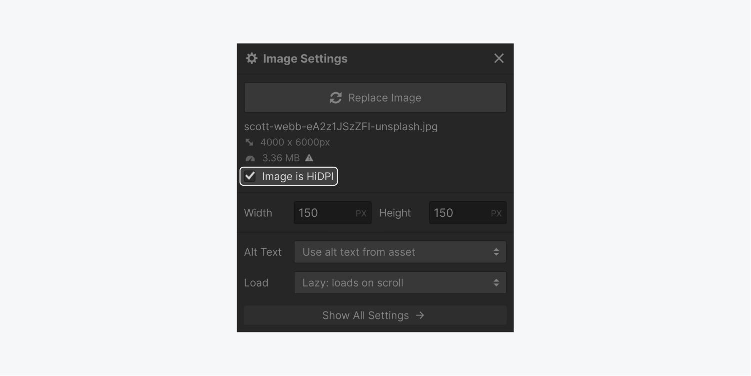 The checkbox for "Image is HiDPI" is highlighted on the Image settings panel.