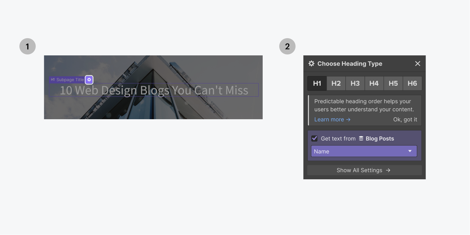 Step one on the left, select the settings icon on the H1 text element. Step two on the right, the choose heading type settings panel displays H1 through H6 buttons, a learn more message with a Ok, got it button, a check box for the CMS Get text from a collection called Blog posts with a dropdown menu and a show all settings button.