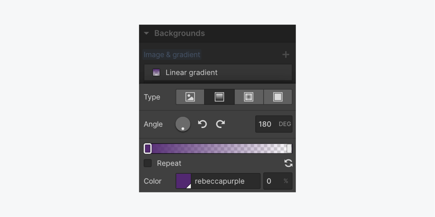 Linear gradient settings for a background gradient. The gradient fades from dark purple to transparent and the angle is set to 180 degrees.