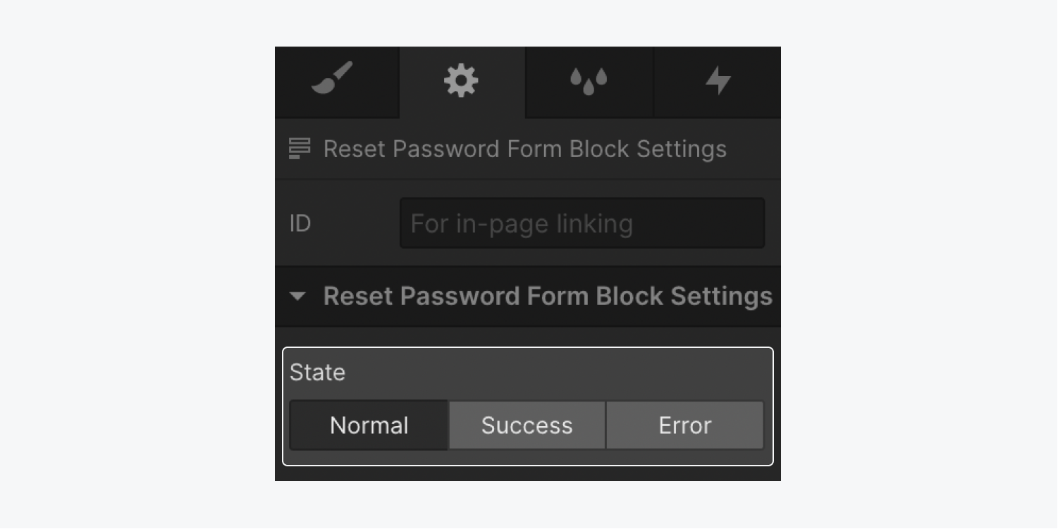 The Reset password form block states (normal, success, and error) in the Settings panel.