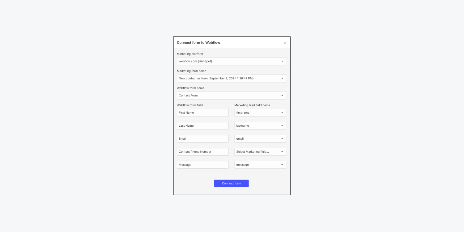 Webflow’s “Connect form to Webflow” modal displays fields to map to a HubSpot form. 