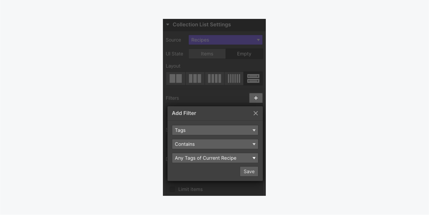 A filter rule is set on a Collection list so that “Tags” contains “Any Tags of Current Recipe.”