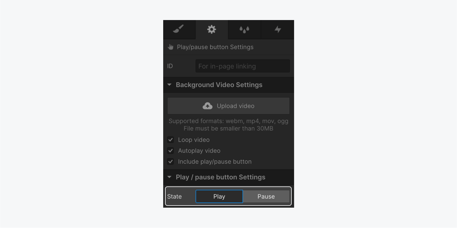 In the Play/pause button settings within the Settings panel, the button States are highlighted. 