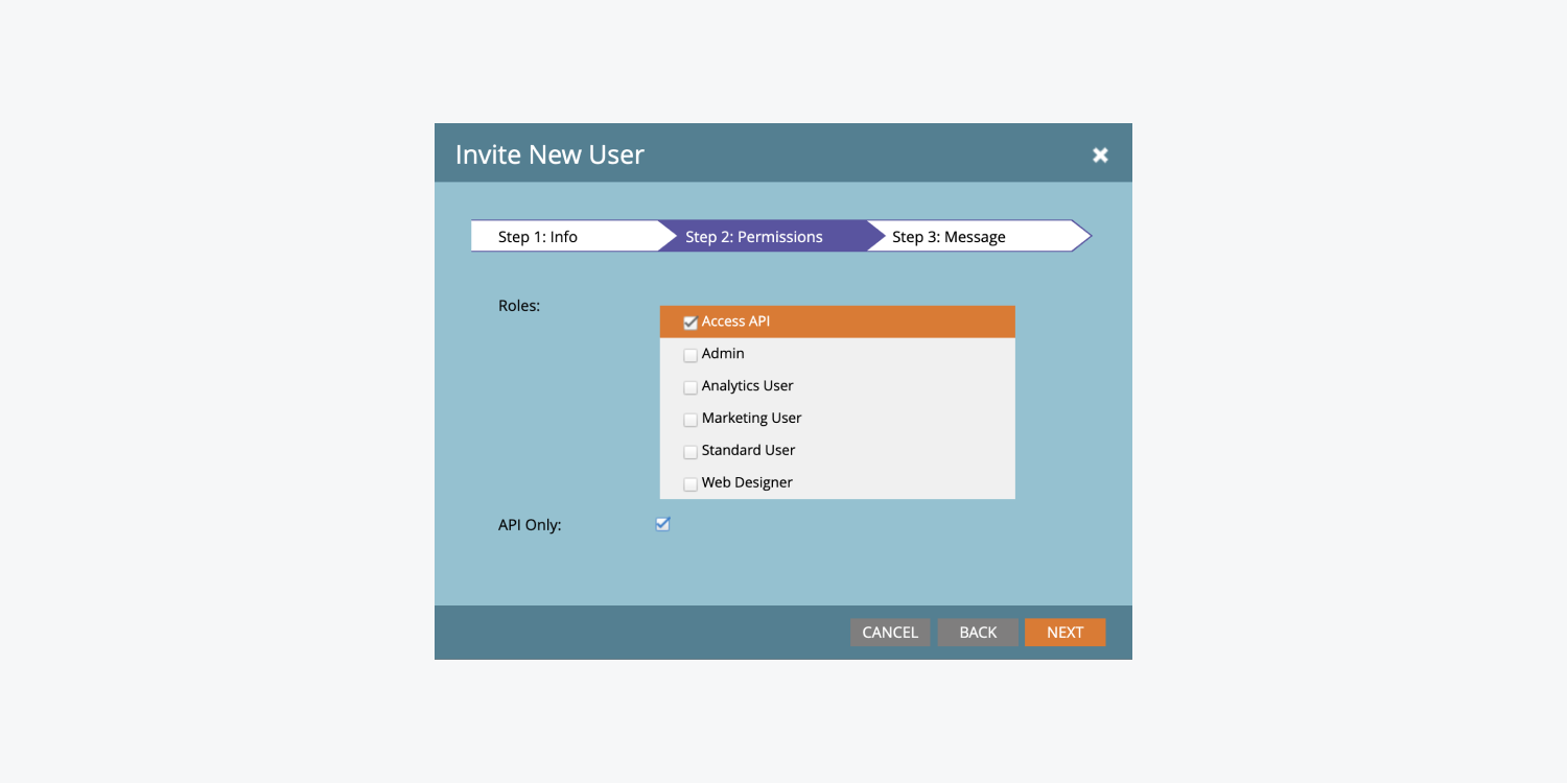 Step 2 of Marketo’s “Invite New User” modal should have “Access API” checked and “API Only” checked.