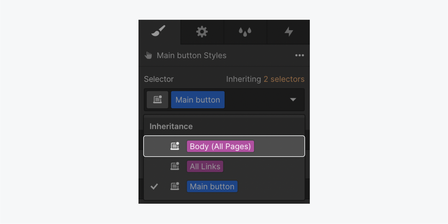 The Body (All pages) tag is highlighted in the Inheritance dropdown in the Selector field of the Style panel.