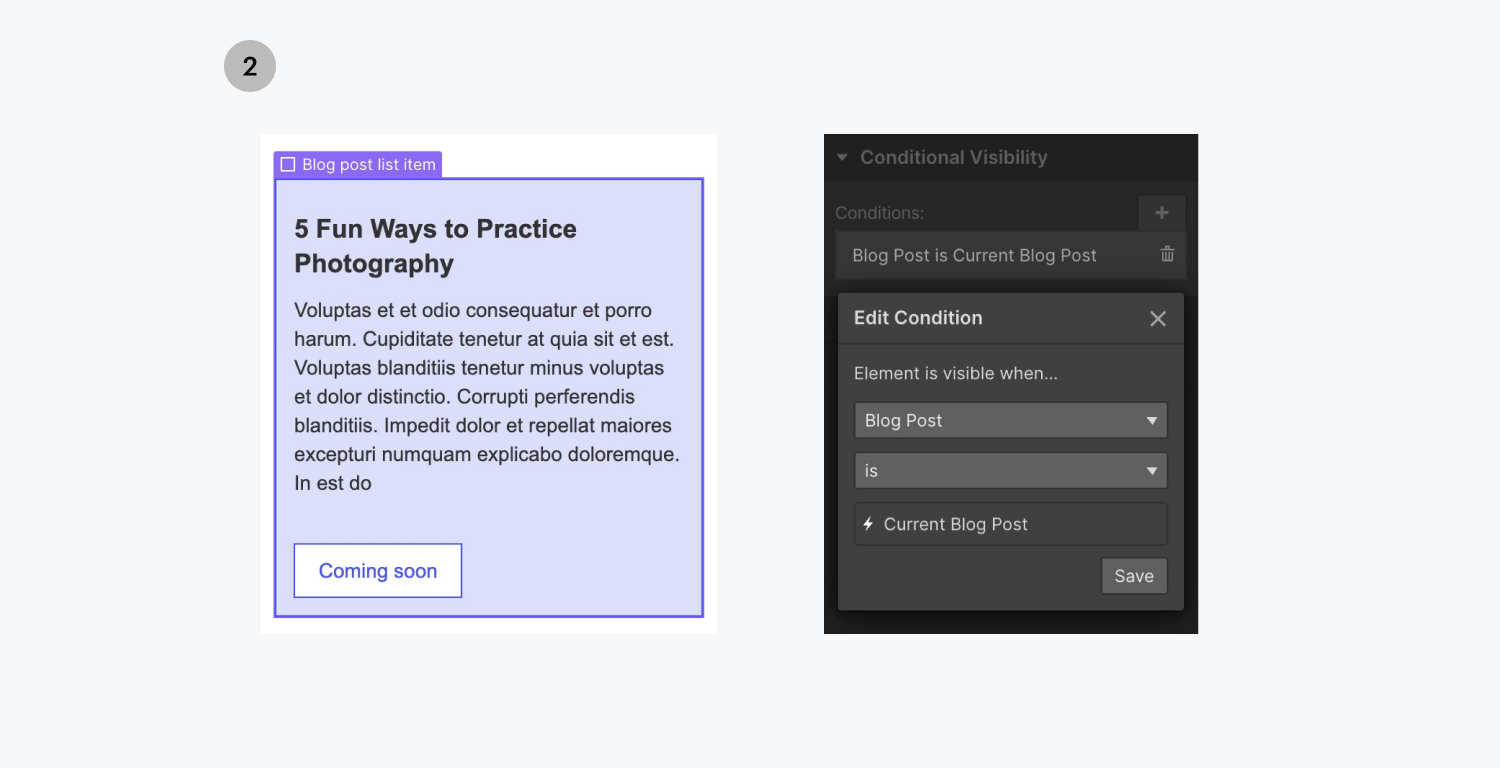 On the left, a blog post list item is selected. On the right, the edit condition panel includes the settings Blog Post is for "Element is visible when".