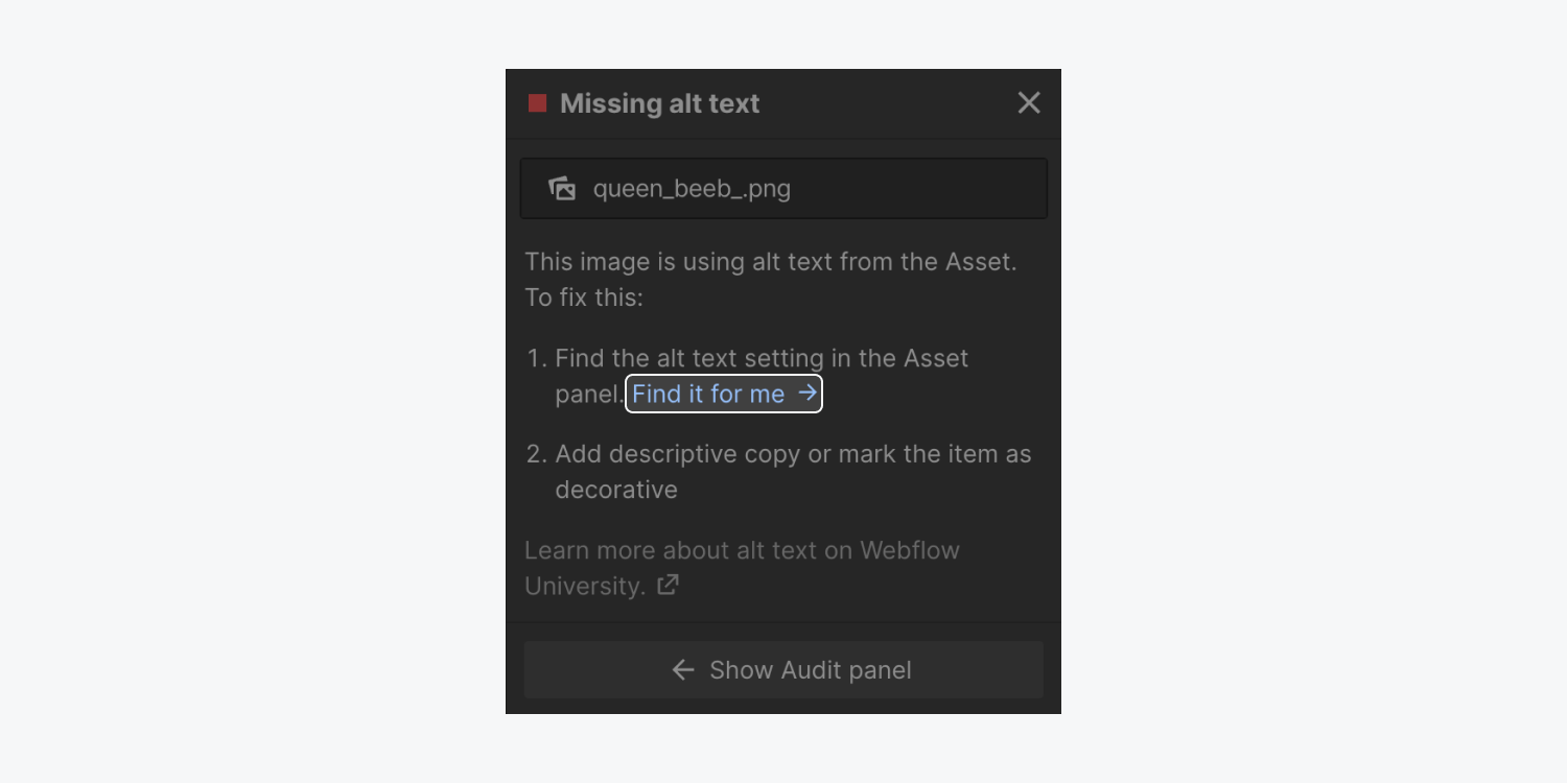 The “Find it for me” option appears in the Missing alt text information modal.