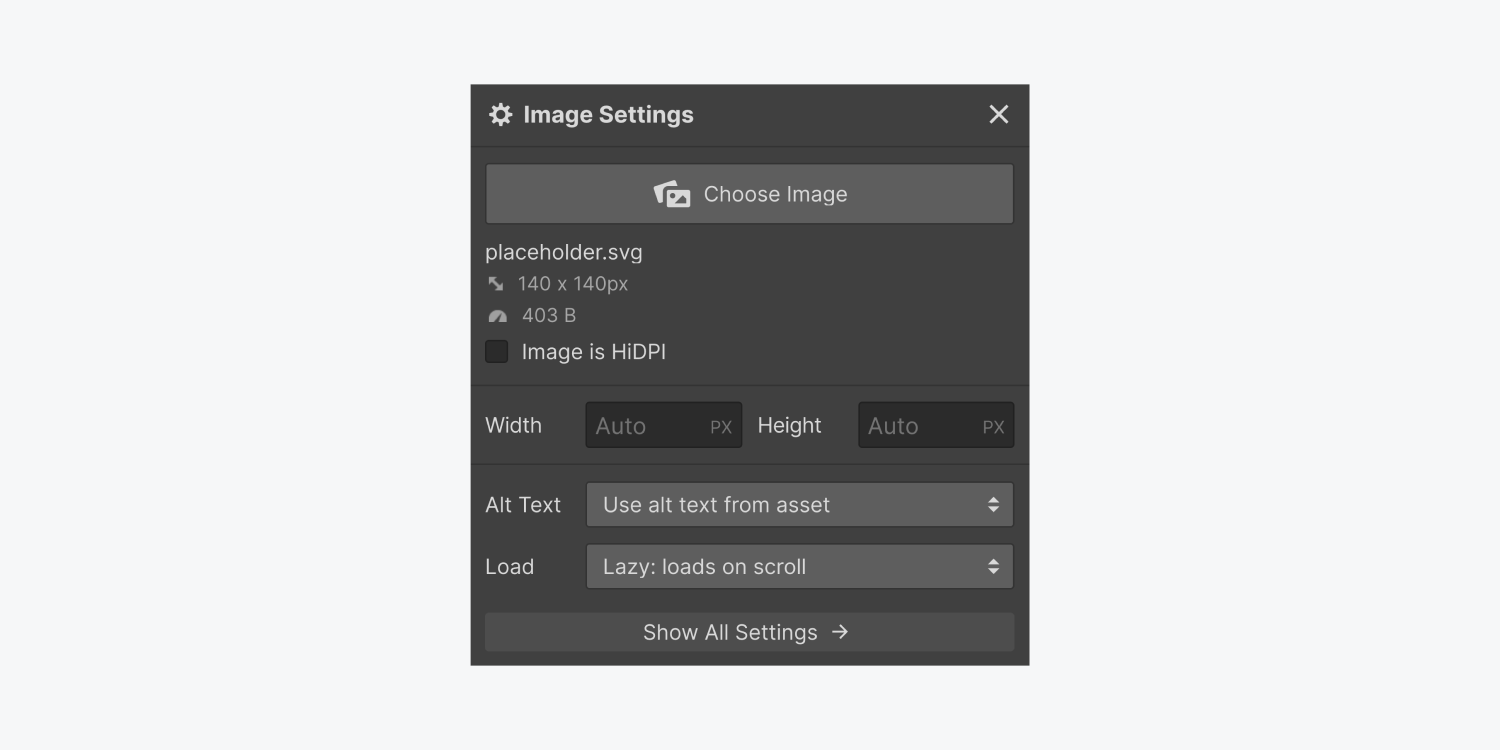 The Image settings section displays a "Choose image" button, file name, dimensions and size along with a check box for "Image is HiDPI". It also displays two text input fields for width and height. There is a dropdown menu for alt Text, for Load, and a "Show all settings" button.