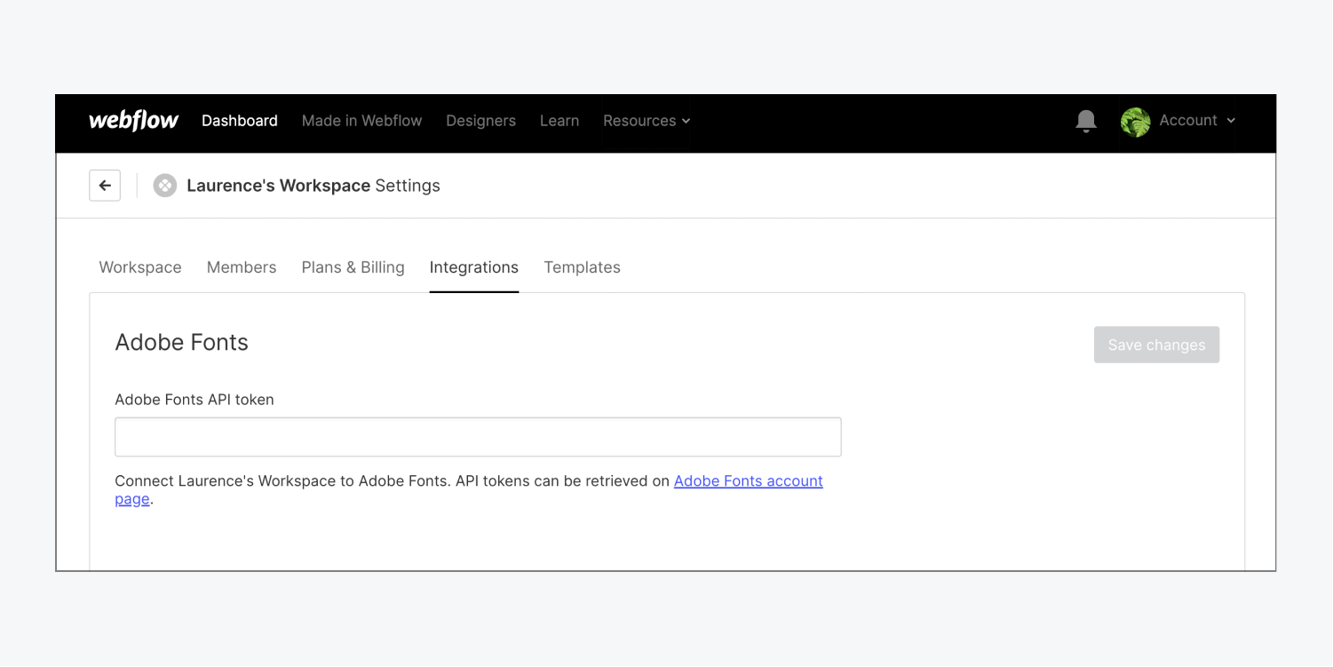 The Adobe fonts section in the Integrations tab in Workspace settings.