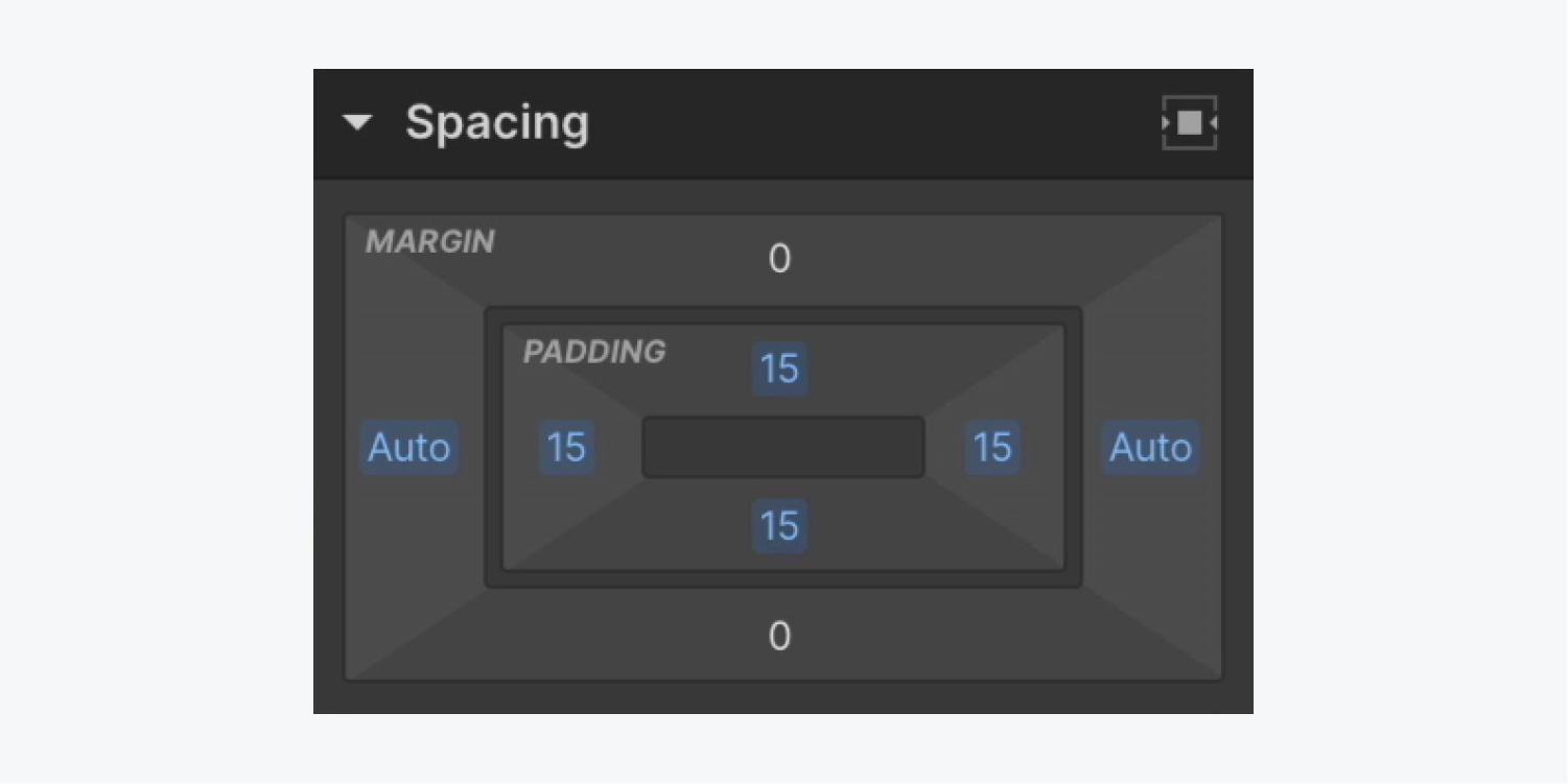 In the Spacing section of the Style panel, each side has 15 pixels of padding.