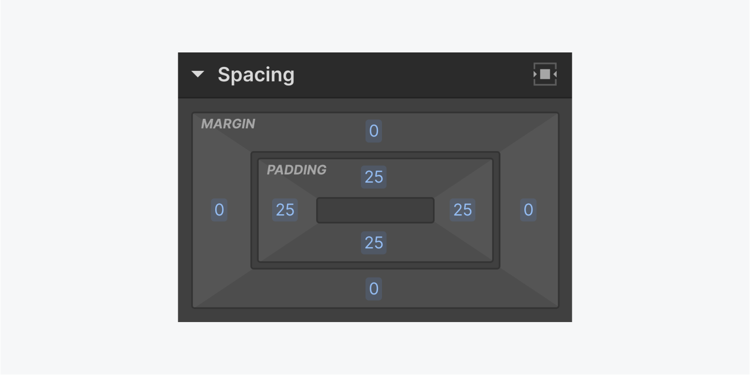 The Spacing section displays margin and padding settings, also a center element horizontally button.