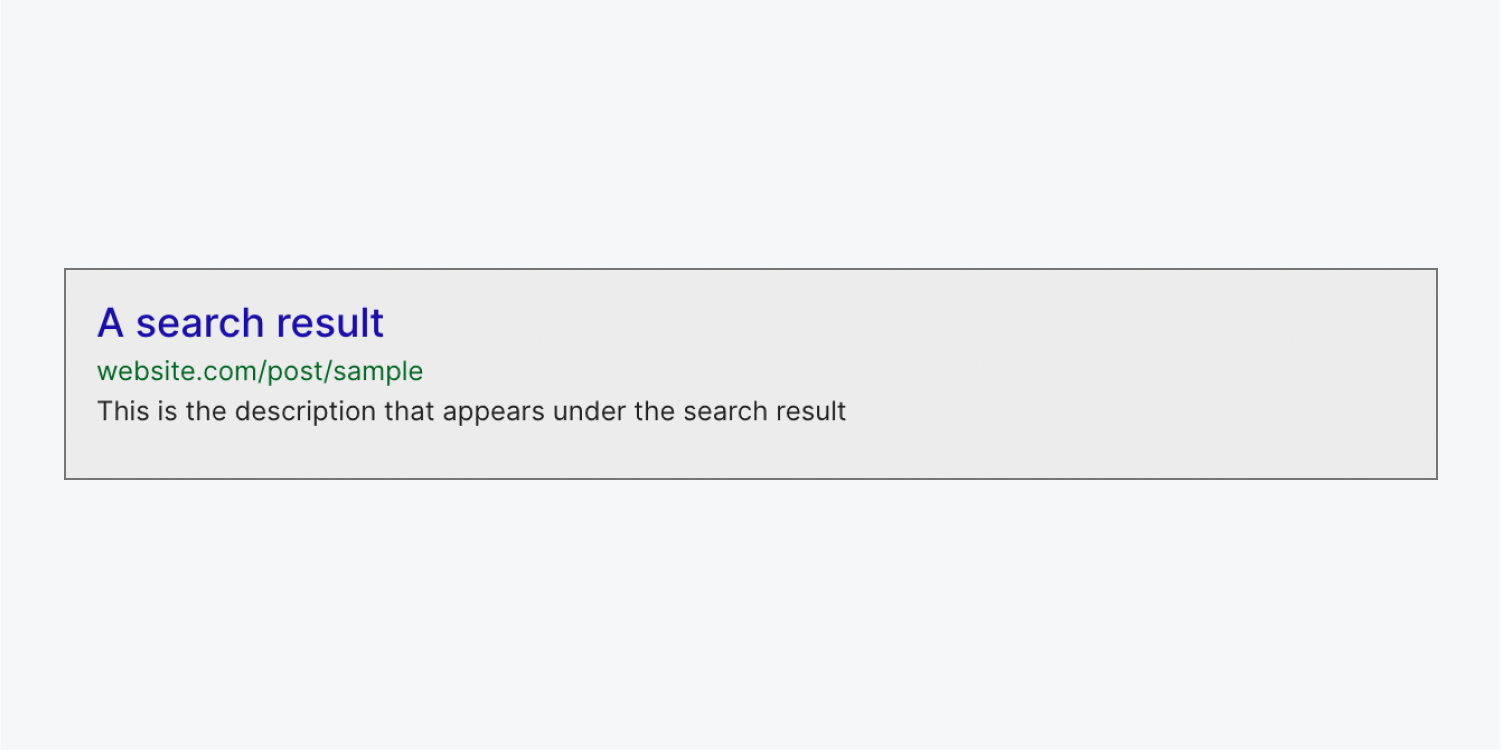 An example Google search result. The title tag is “A search result.”