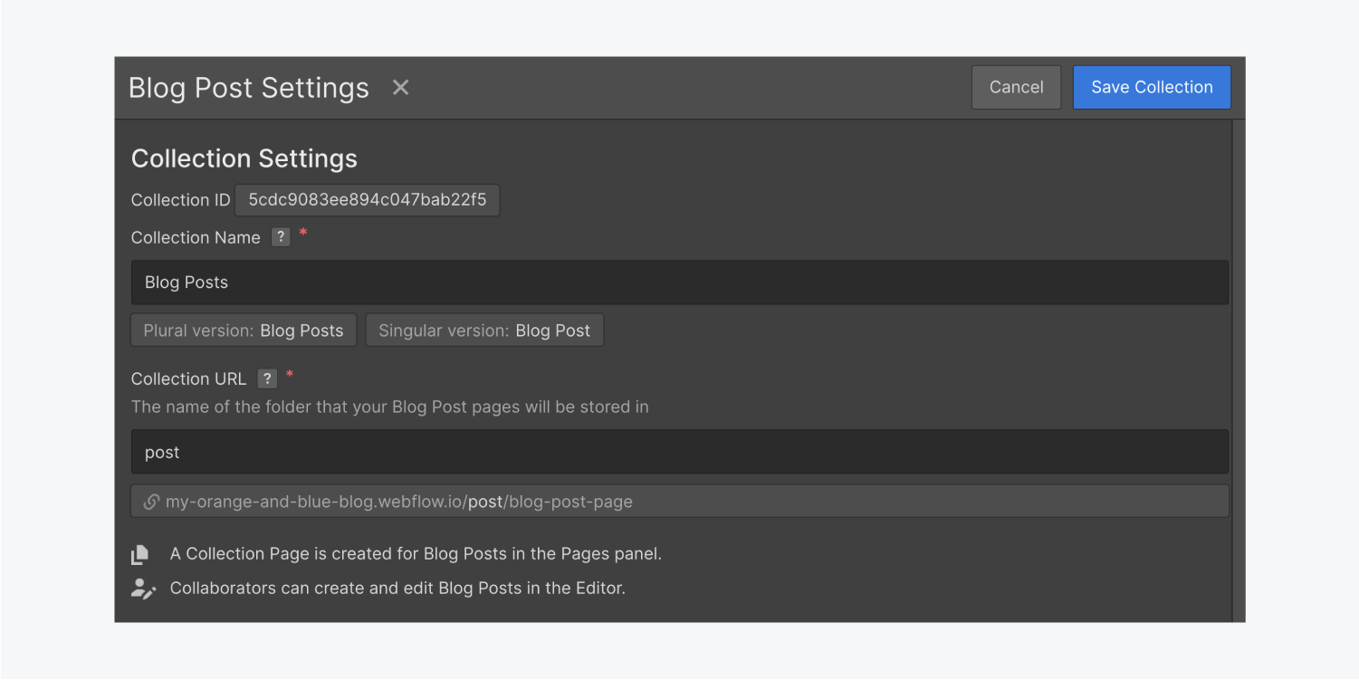 The Collection settings panel includes a text field for a Collection name, a notice of the plural and singular versions, a text field for the Collection URL, a cancel button and a blue save collection button.