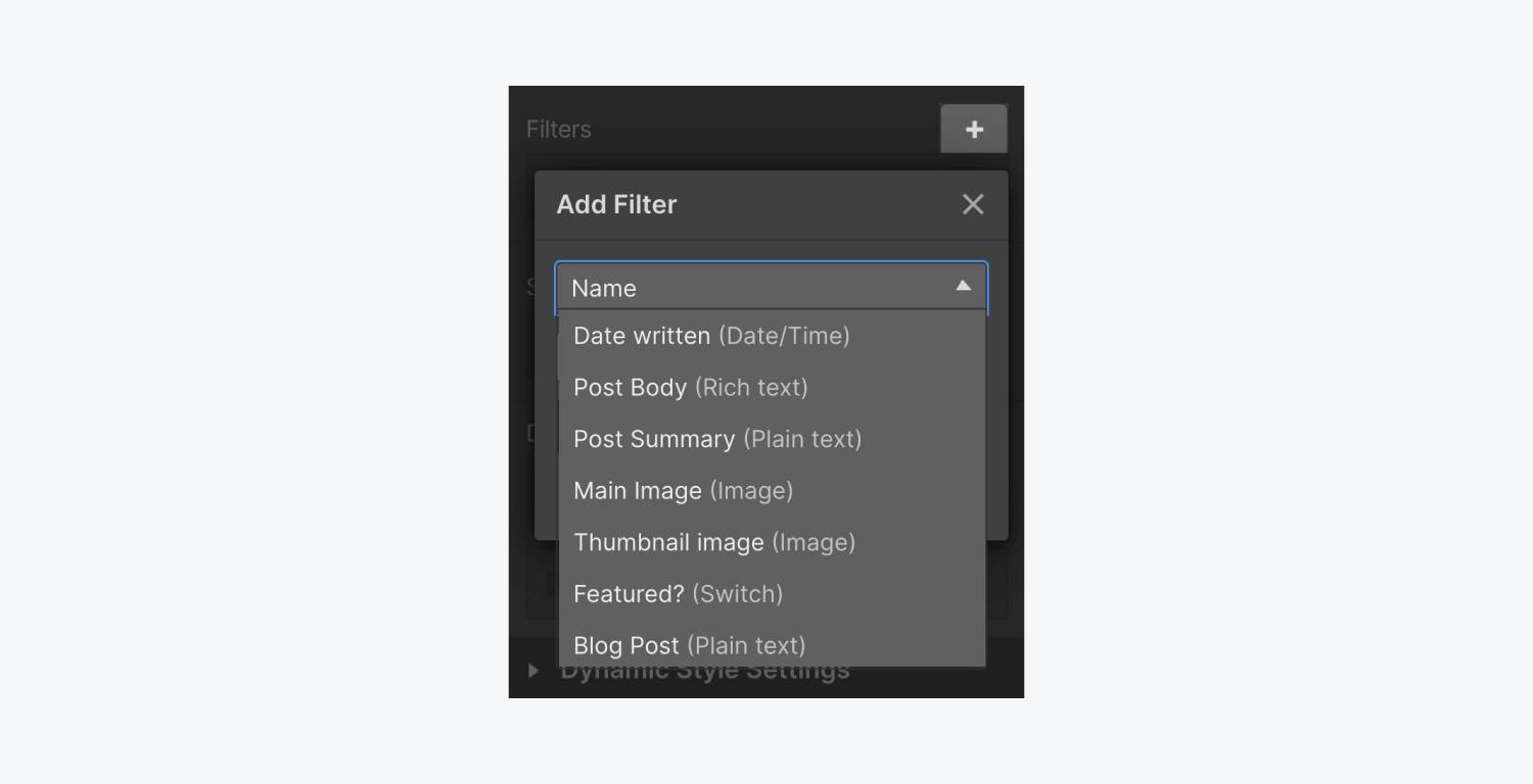 The add filter drop down menu includes date written, post body, post summary, main image, thumbnail image, featured? and Blog Post.