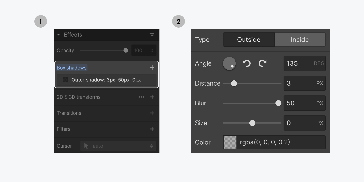 Step one on the left, select the box shadows effect. Step two on the right, the box shadows settings panel displays type, angle, distance, blur, size and color customizations. 