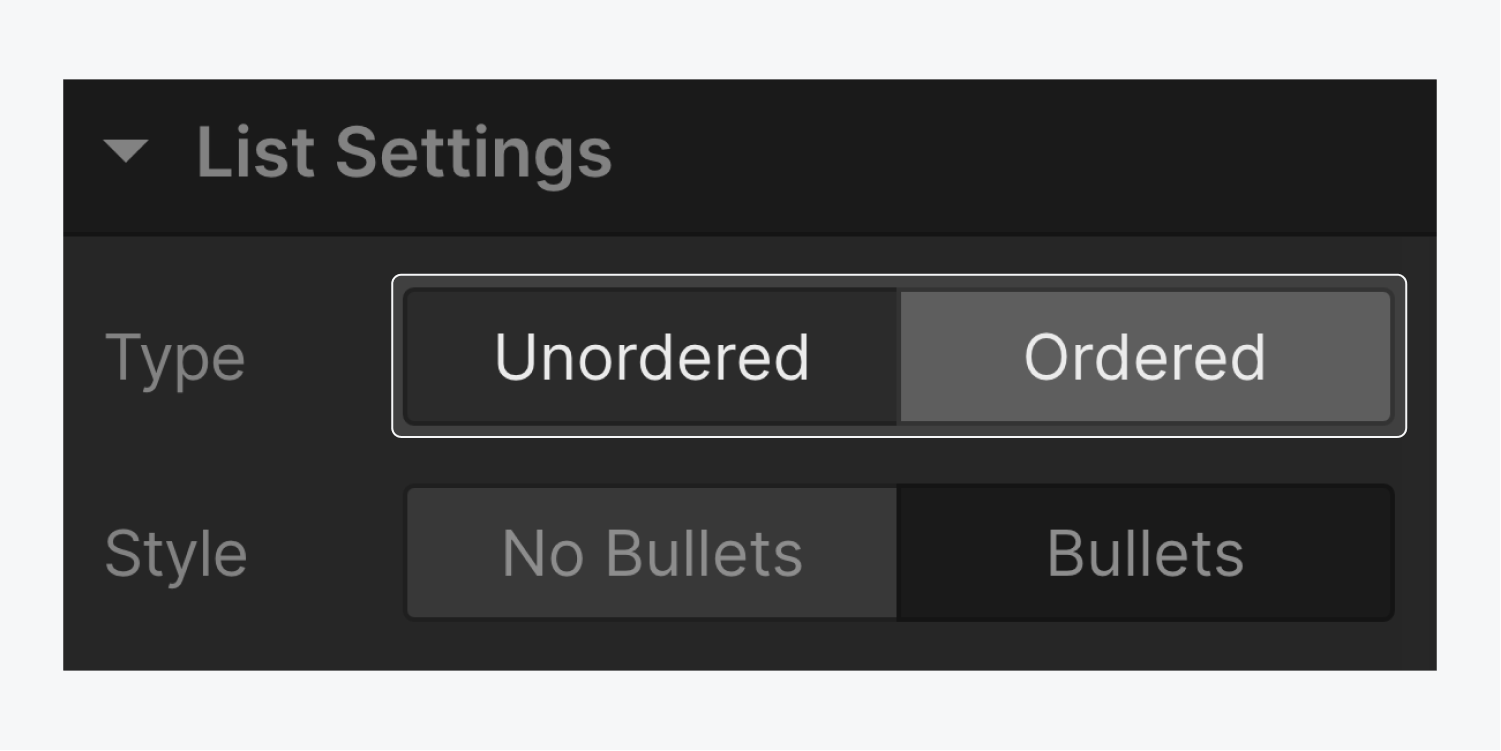 The unordered and ordered Types are highlighted in List settings.